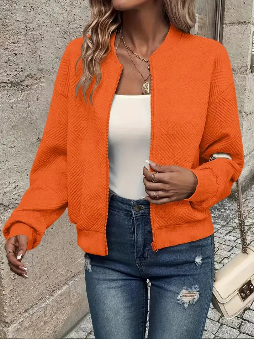 Orange Women's Quilted Bomber Jacket with Textured Knit Finish — Sienna - Front Second