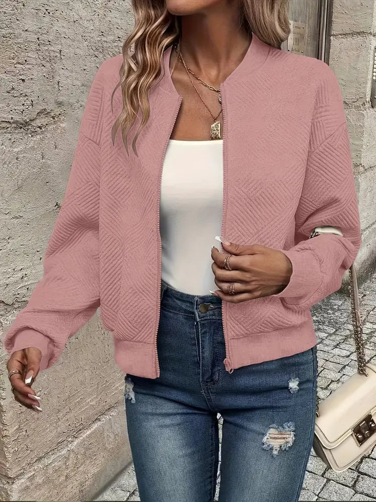 Pink Women's Quilted Bomber Jacket with Textured Knit Finish