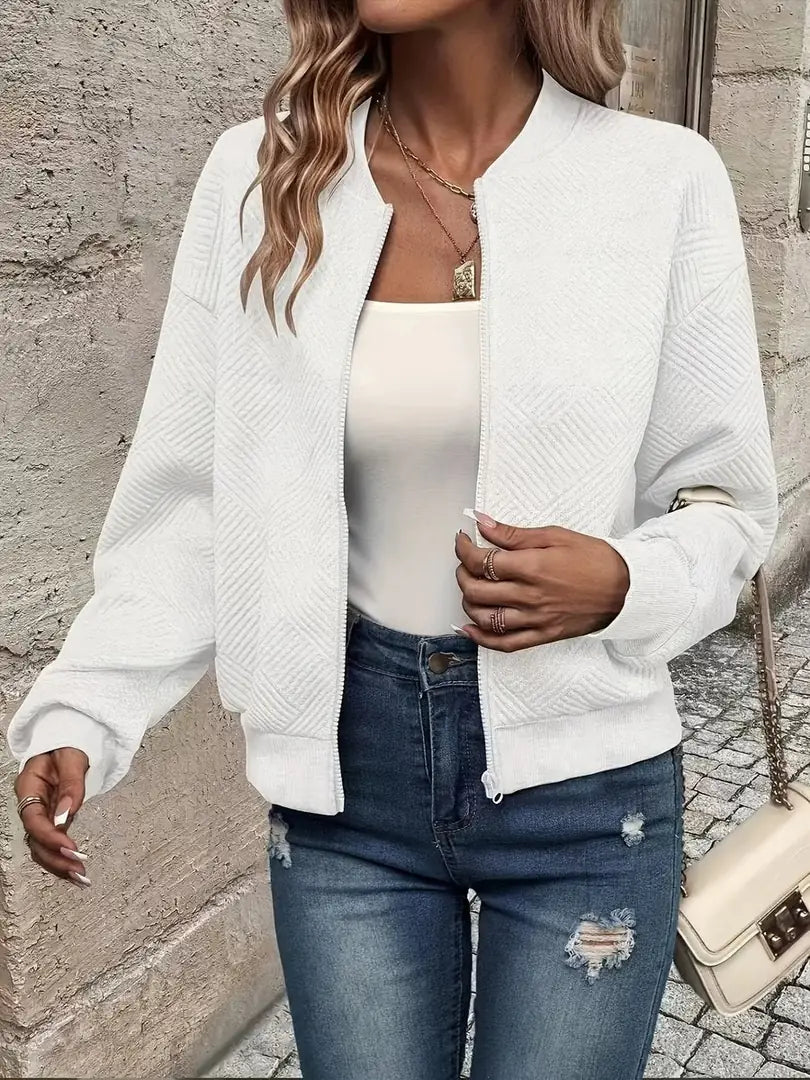 White Women's Quilted Bomber Jacket with Textured Knit Finish