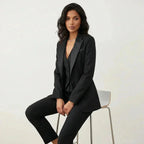 Women's Three Piece Blazer Suit with Tailored Vest & Trousers - Seated Pose
