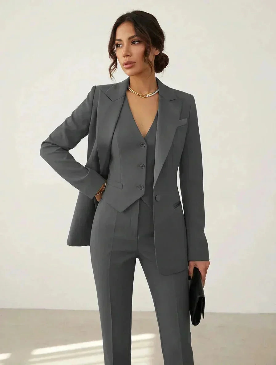 Gray Women's Three Piece Blazer Suit with Tailored Vest & Trousers