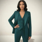 Green Women's Three Piece Blazer Suit with Tailored Vest & Trousers