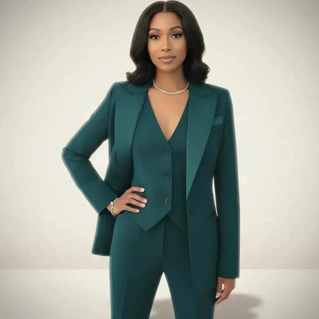 Green Women's Three Piece Blazer Suit with Tailored Vest & Trousers