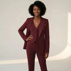 Wine Red Women's Three Piece Blazer Suit with Tailored Vest & Trousers