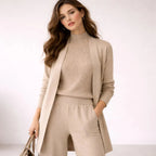 Beige Women's Three Piece Lounge Set with Open-Front Cardigan & Mock Neck Top — Delaney