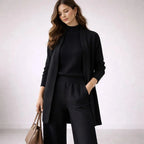 Black Women's Three Piece Lounge Set with Open-Front Cardigan & Mock Neck Top — Delaney