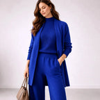 Blue Women's Three Piece Lounge Set with Open-Front Cardigan & Mock Neck Top — Delaney