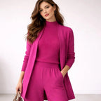 Pink Women's Three Piece Lounge Set with Open-Front Cardigan & Mock Neck Top — Delaney