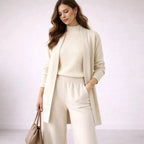 White Women's Three Piece Lounge Set with Open-Front Cardigan & Mock Neck Top — Delaney