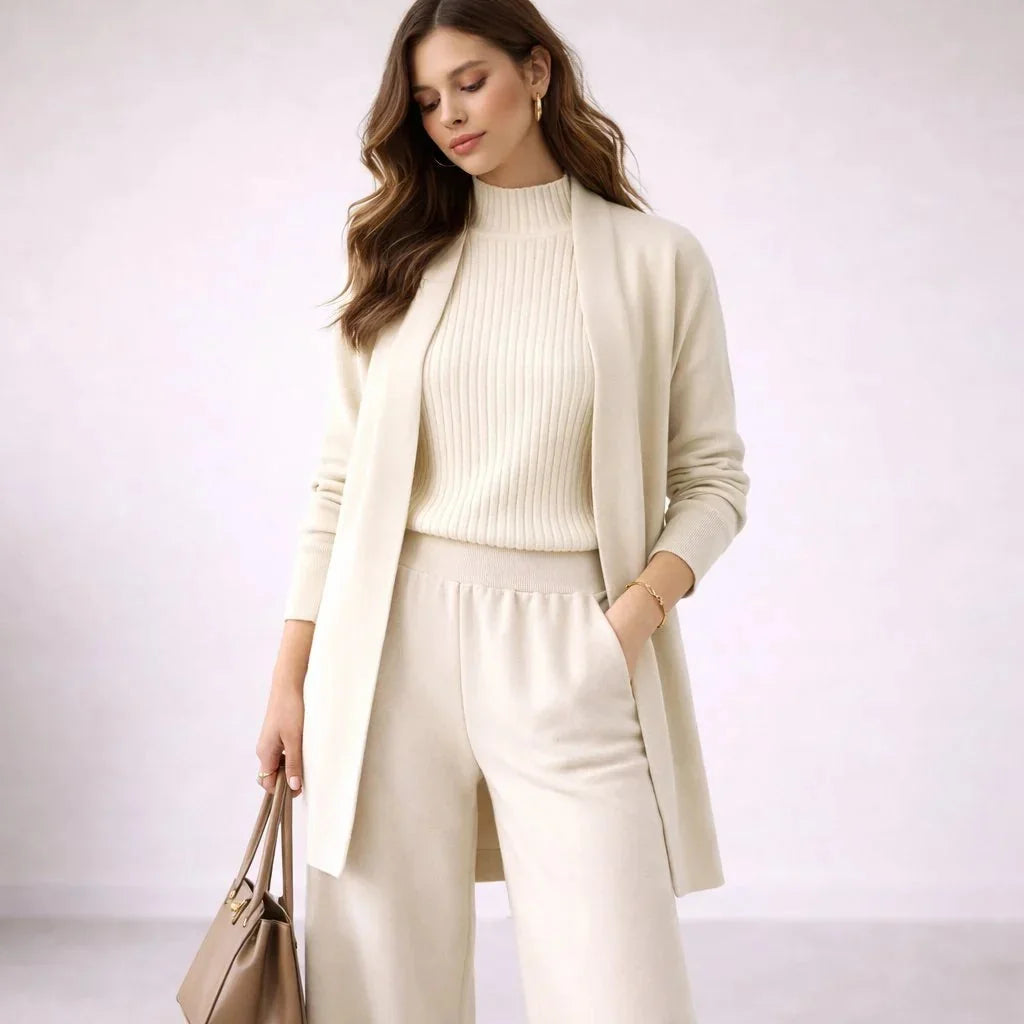 White Women's Three Piece Lounge Set with Open-Front Cardigan & Mock Neck Top — Delaney