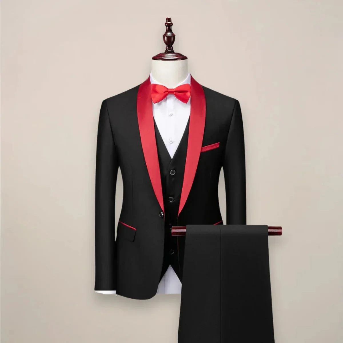 Black Red Men's Three Piece Tuxedo Suit with Shawl Lapel & Tailored Fit