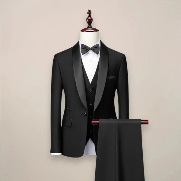 Black Men's Three Piece Tuxedo Suit with Shawl Lapel & Tailored Fit — Max