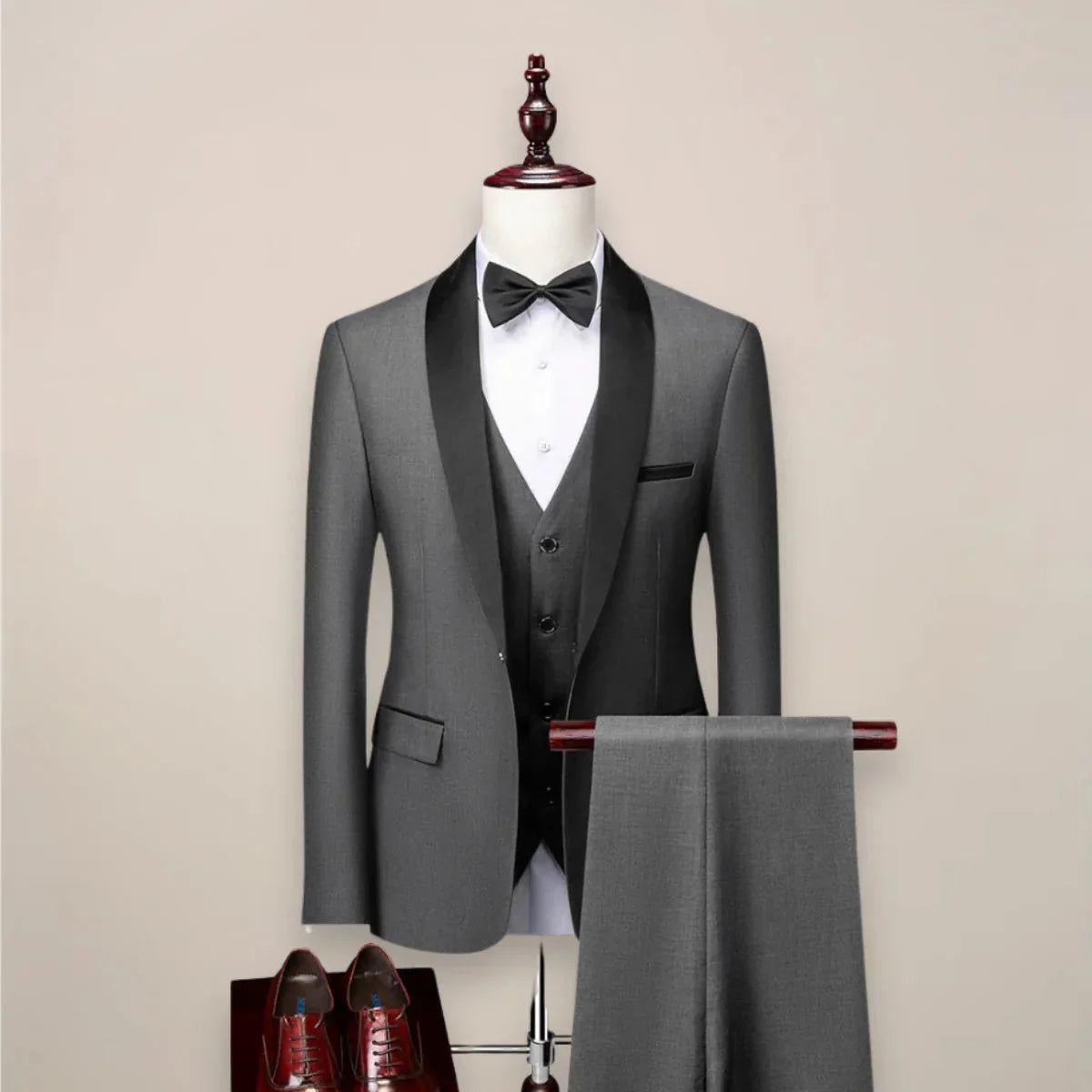 Grey Men's Three Piece Tuxedo Suit with Shawl Lapel & Tailored Fit — Max