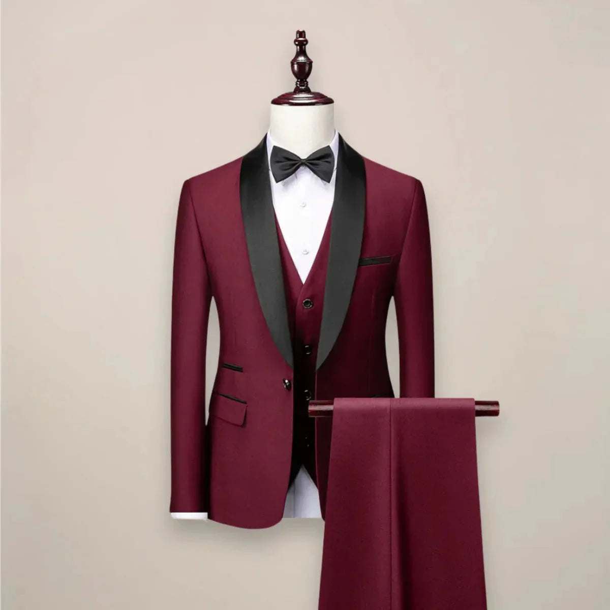 Wine Red Men's Three Piece Tuxedo Suit with Shawl Lapel & Tailored Fit
