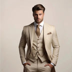 Beige Men's Tailored Three-Piece Wedding Suit with Notched Lapel & Pocket Square