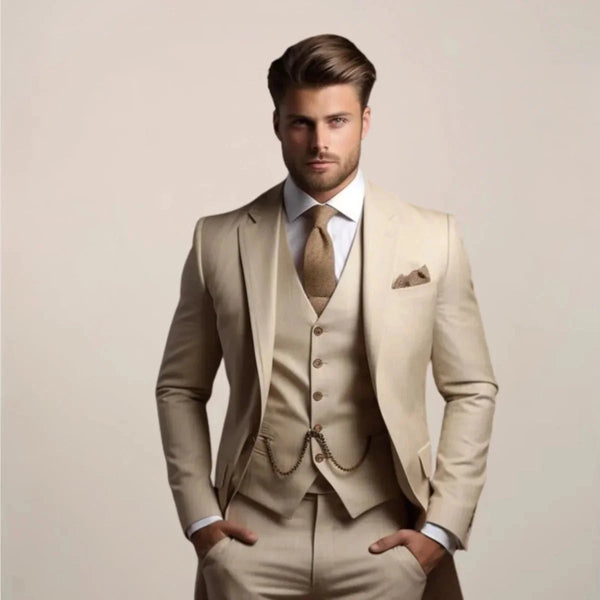 Beige Men's Tailored Three-Piece Wedding Suit with Notched Lapel & Pocket Square