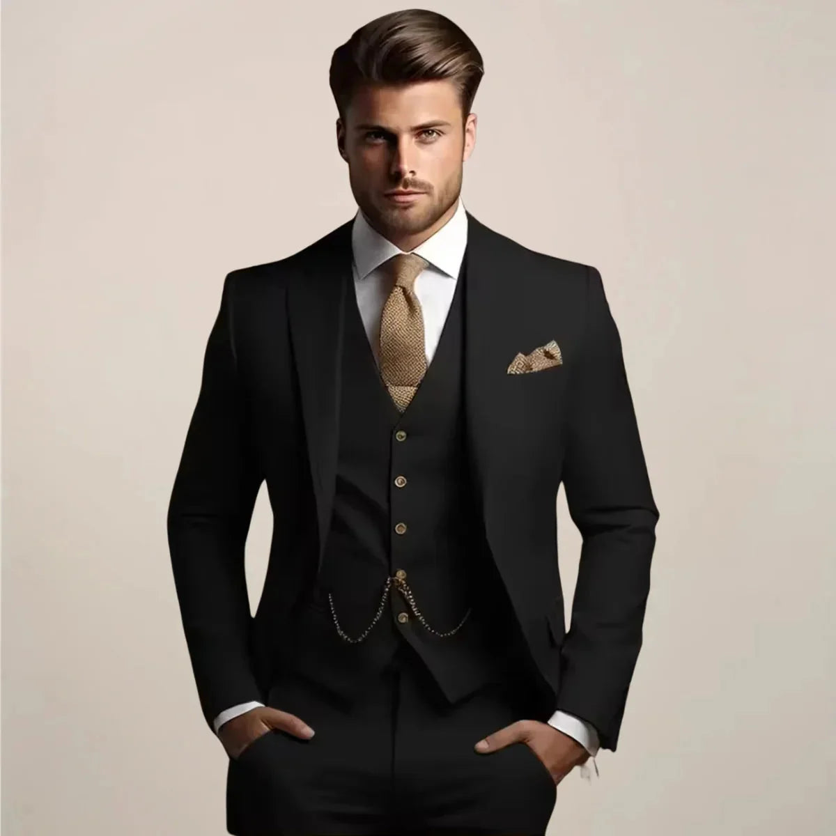 Black Men's Tailored Three-Piece Wedding Suit with Notched Lapel & Pocket Square — Thomas
