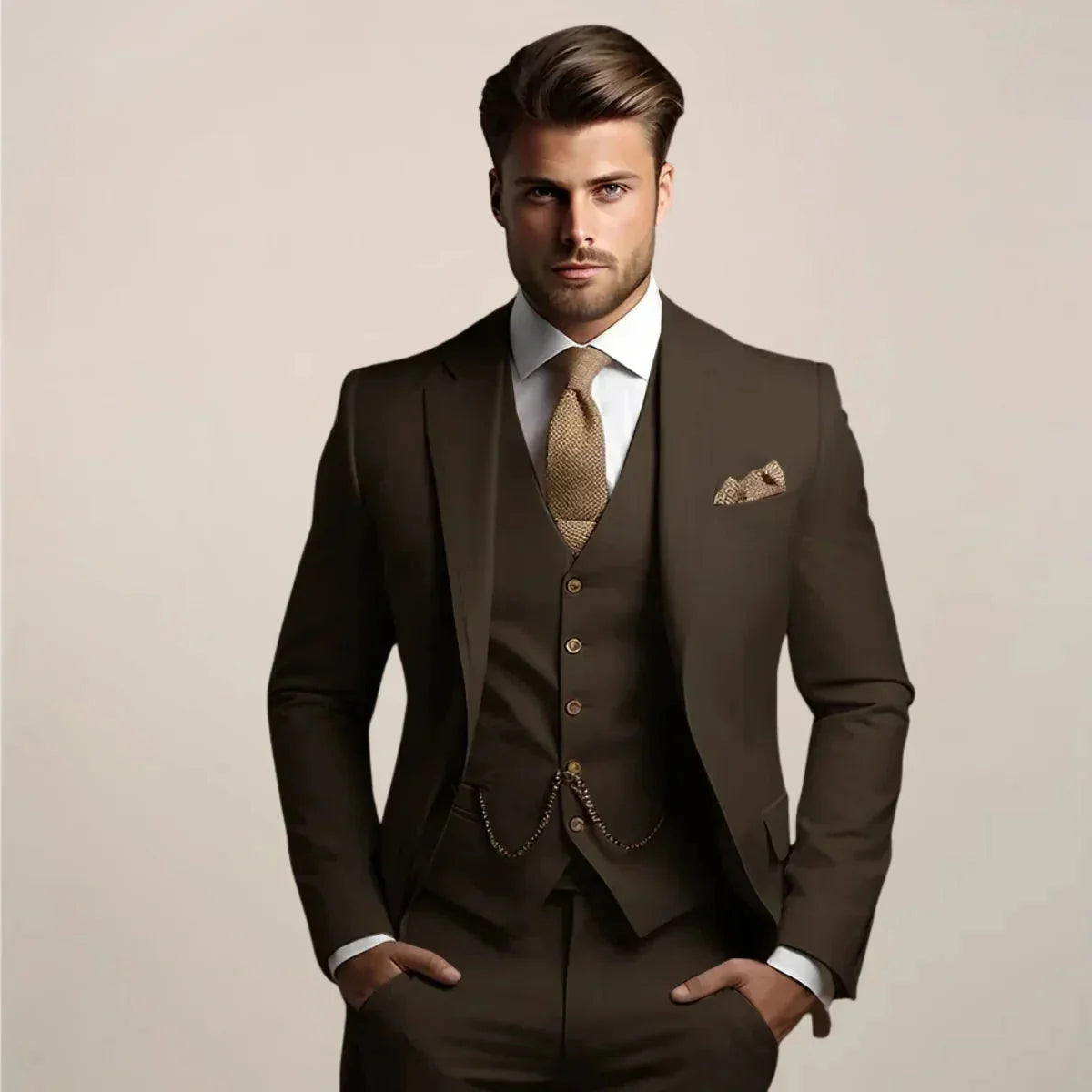 Dark Brown Men's Tailored Three-Piece Wedding Suit with Notched Lapel & Pocket Square