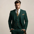 Dark Green Men's Tailored Three-Piece Wedding Suit with Notched Lapel & Pocket Square
