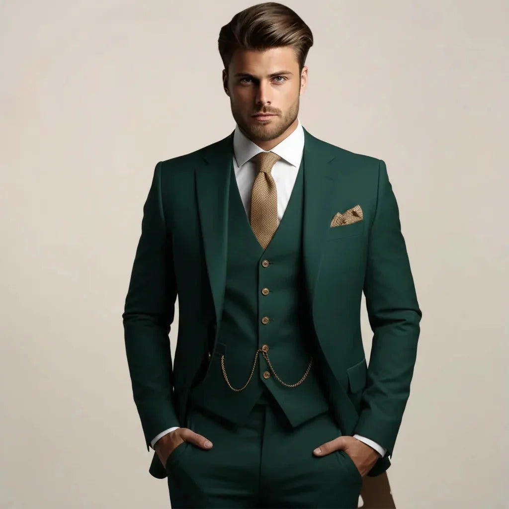 Dark Green Men's Tailored Three-Piece Wedding Suit with Notched Lapel & Pocket Square