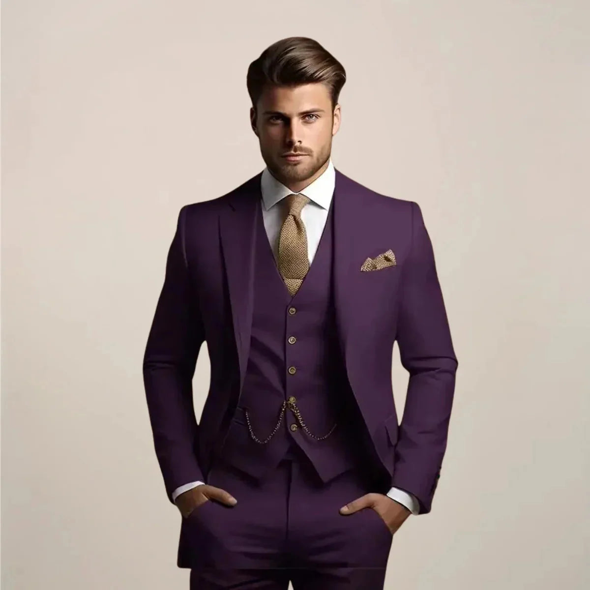 Dark Purple Men's Tailored Three-Piece Wedding Suit with Notched Lapel & Pocket Square