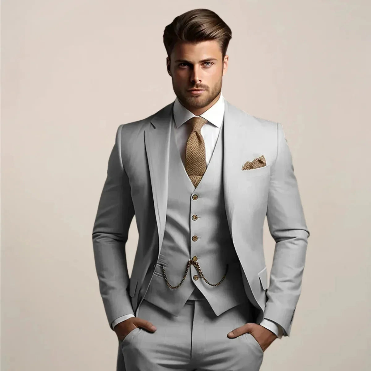 Grey Men's Tailored Three-Piece Wedding Suit with Notched Lapel & Pocket Square