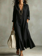 Black Women's Tiered Maxi Dress with Relaxed Fit & Button-Front Collar — Eleanor