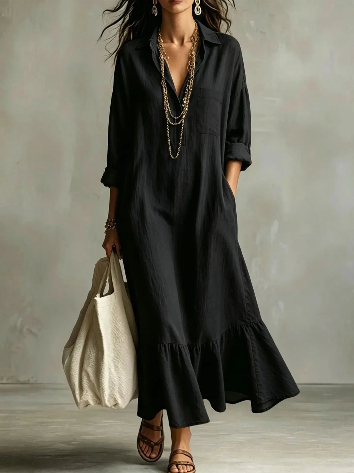 Black Women's Tiered Maxi Dress with Relaxed Fit & Button-Front Collar — Eleanor