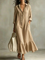 Khaki Women's Tiered Maxi Dress with Relaxed Fit & Button-Front Collar — Eleanor