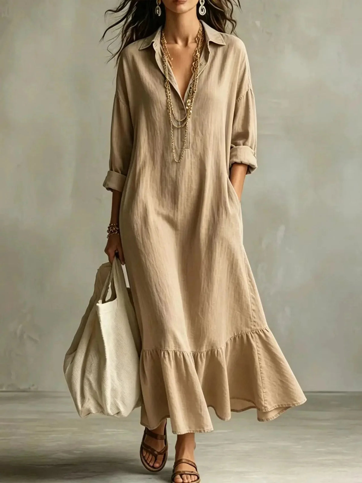 Khaki Women's Tiered Maxi Dress with Relaxed Fit & Button-Front Collar — Eleanor