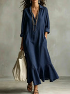 Navy Blue Women's Tiered Maxi Dress with Relaxed Fit & Button-Front Collar — Eleanor