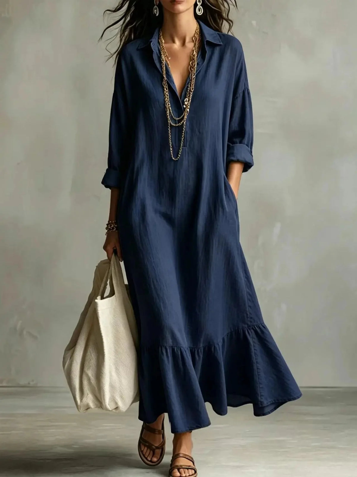 Navy Blue Women's Tiered Maxi Dress with Relaxed Fit & Button-Front Collar — Eleanor