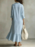 Sky Blue Women's Tiered Maxi Dress with Relaxed Fit & Button-Front Collar — Eleanor - Back Detail