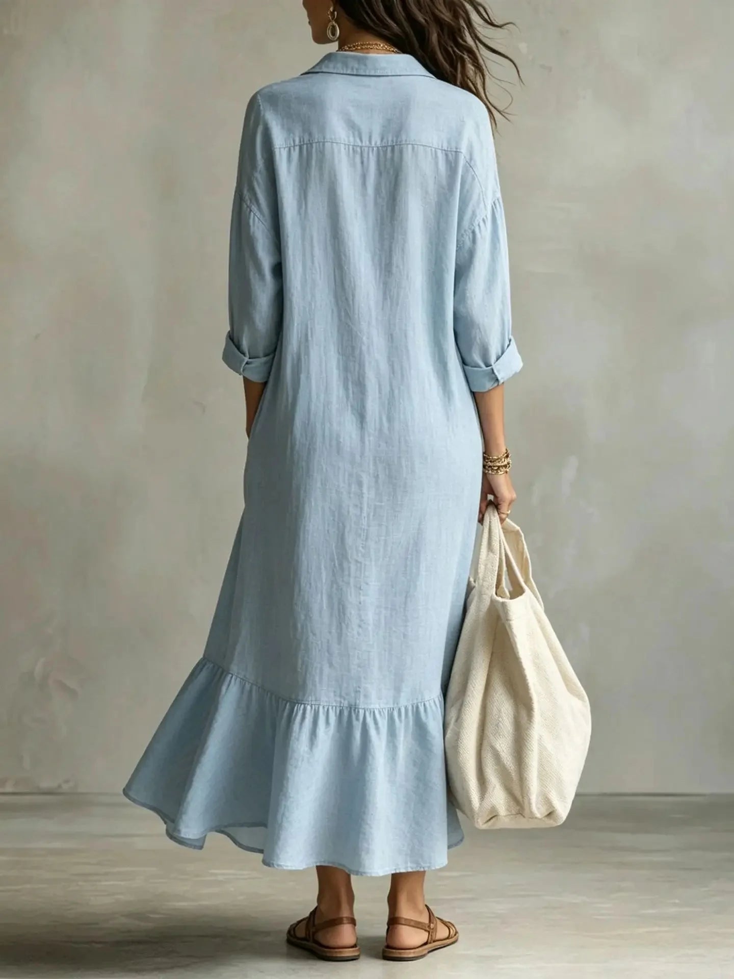 Sky Blue Women's Tiered Maxi Dress with Relaxed Fit & Button-Front Collar — Eleanor - Back Detail