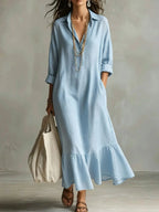 Sky Blue Women's Tiered Maxi Dress with Relaxed Fit & Button-Front Collar — Eleanor