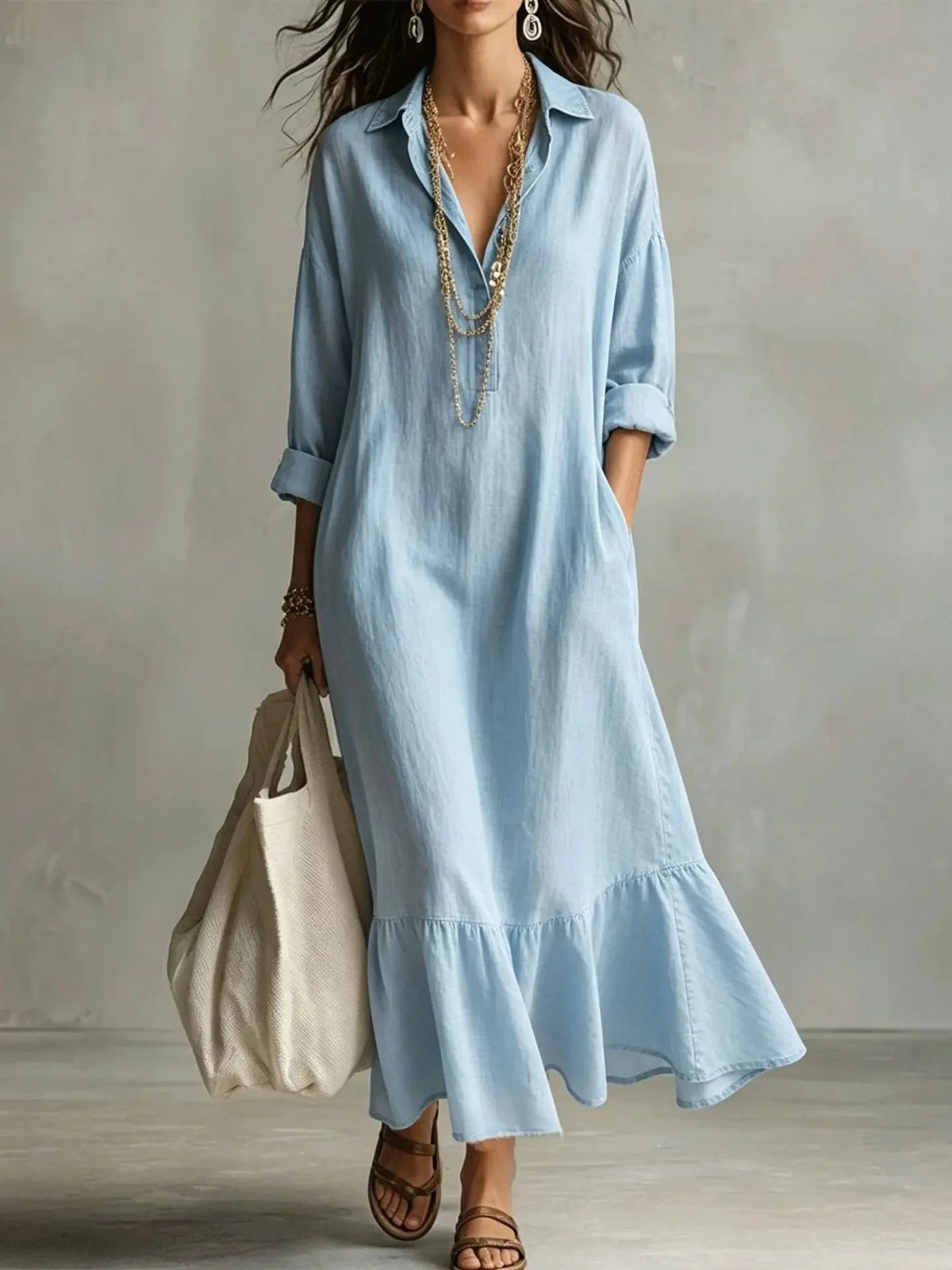 Sky Blue Women's Tiered Maxi Dress with Relaxed Fit & Button-Front Collar — Eleanor