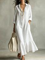 White Women's Tiered Maxi Dress with Relaxed Fit & Button-Front Collar — Eleanor
