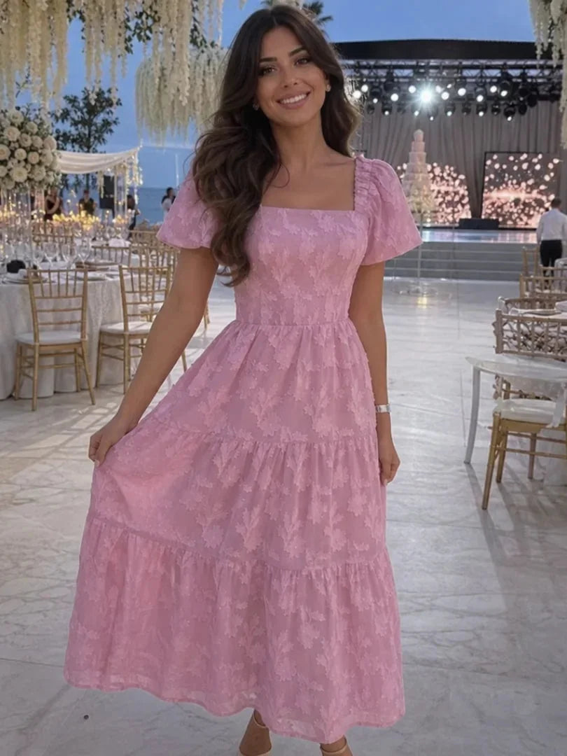 Pink Women's Floral Midi Dress with Square Neckline & Puff Sleeves