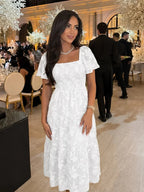 White Women's Floral Midi Dress with Square Neckline & Puff Sleeves