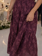 Women's Floral Midi Dress with Square Neckline & Puff Sleeves - Red Hem Detail