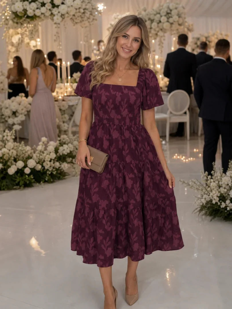 Wine Red Women's Floral Midi Dress with Square Neckline & Puff Sleeves