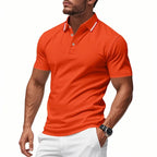 Orange Men's Polo Shirt with Tipped Collar & Button Placket — Miles - Close Up Collar