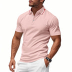 Pink Men's Polo Shirt with Tipped Collar & Button Placket — Miles - Close Up Placket