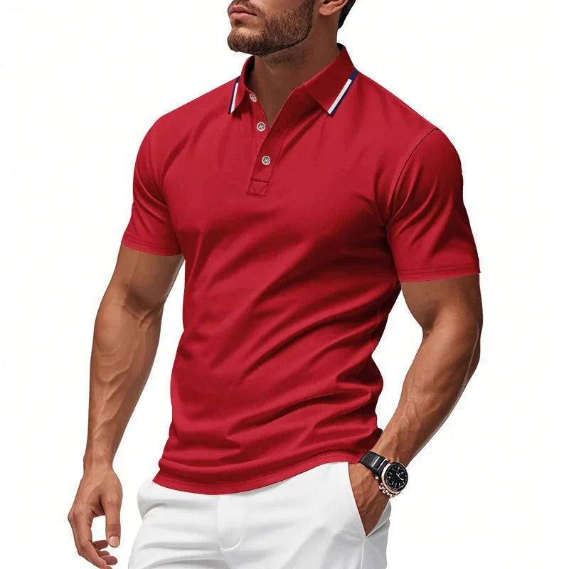 Red Men's Polo Shirt with Tipped Collar & Button Placket — Miles