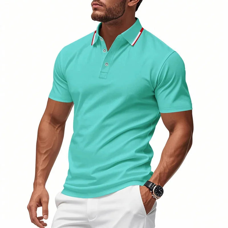 Sky Blue Men's Polo Shirt with Tipped Collar & Button Placket — Miles - Front Detail