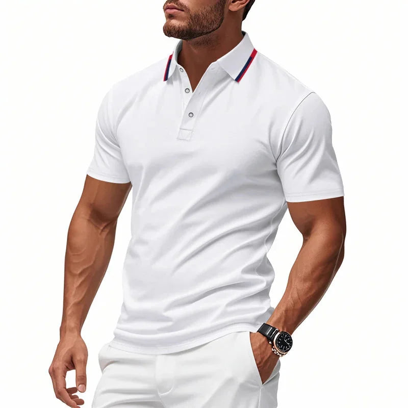 White Men's Polo Shirt with Tipped Collar & Button Placket — Miles