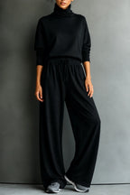 Black Women's Turtleneck Pants Set with Wide-Leg Trousers in Brushed Knit