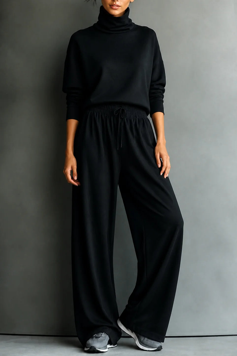 Black Women's Turtleneck Pants Set with Wide-Leg Trousers in Brushed Knit