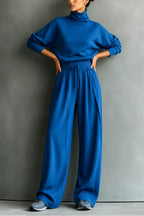 Blue Women's Turtleneck Pants Set with Wide-Leg Trousers in Brushed Knit — Meredith