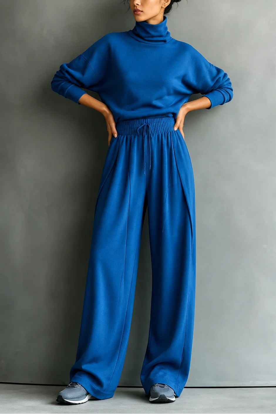 Blue Women's Turtleneck Pants Set with Wide-Leg Trousers in Brushed Knit — Meredith